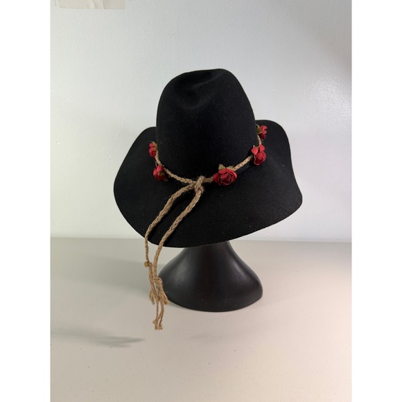 Lovely Bird‎ Black 100% Wool Wide Brim Fedora Hat Red Rose Rope Band main image 8